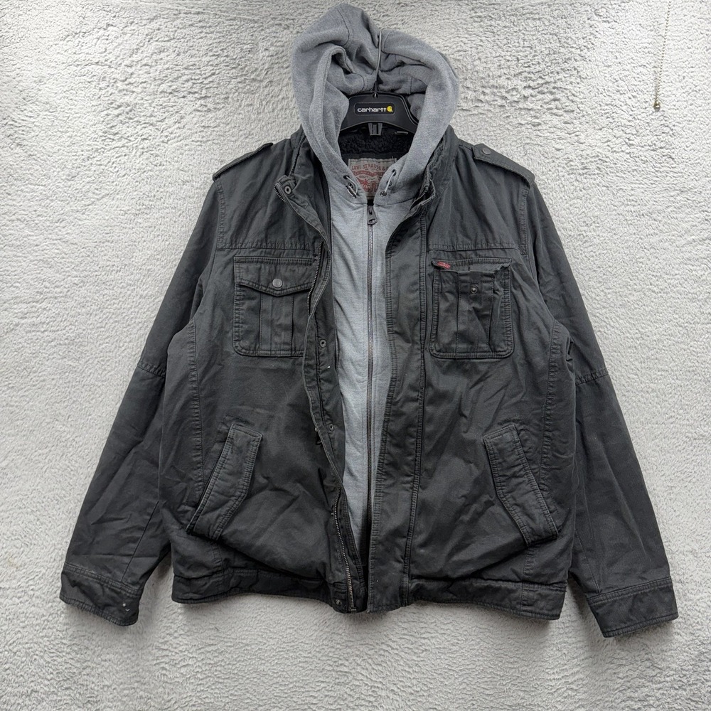 Levis Mens Gray Sherpa Lined Hooded Military Field Jacket Coat Size Large
